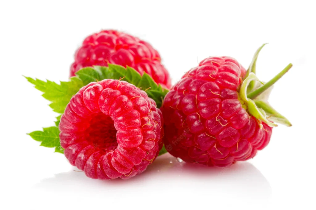 ripe-red-raspberries-with-green-leaves-isolated-white_80510-494