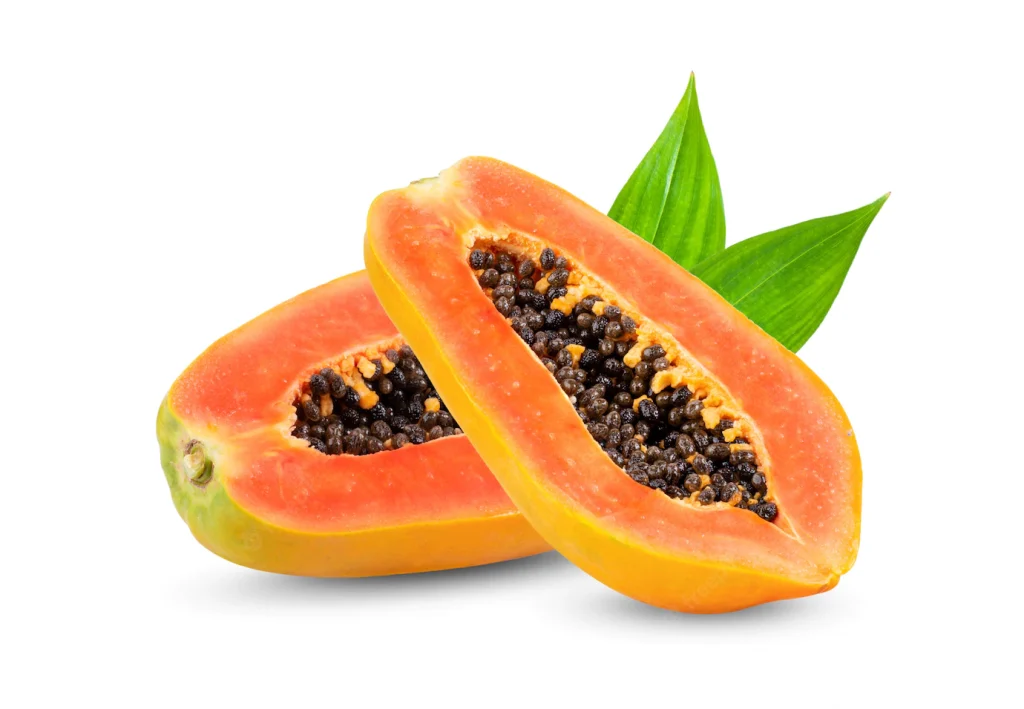 ripe-slice-papaya-with-leaves-white-wall_253984-3235